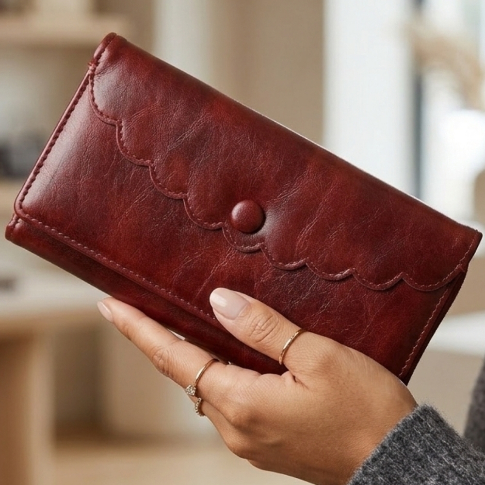 Maroon Scalloped Trim Women's Faux Leather Zip Around Wallet & Snap Closure